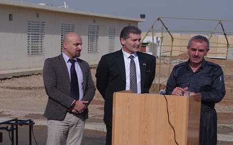 Canadian ambassador to Iraq Bruno Saccomani (center) with Kurdish Peshmerga Minister Mustafa Sayid Qadir (R) in Erbil. Photo by author.