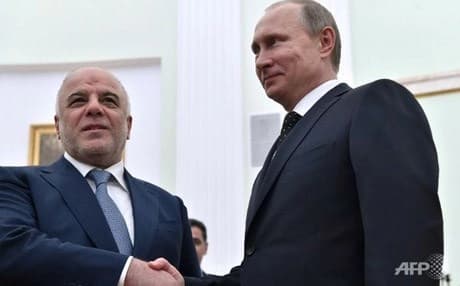 Russian President welcomes Haider al-Abadi during a meeting on May 21, 2015. AFP photo