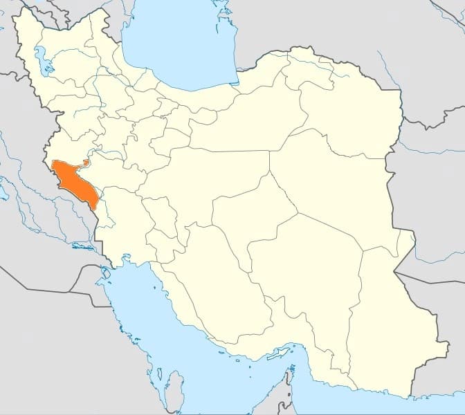 Ilam province highlighted on an Iran map retrieved from Google Maps.