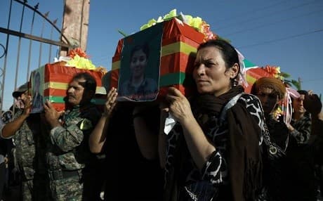 A funeral for eight Kurdish SDF fighters killed in Manbij was held in Qamishlo last week. Photo: AFP