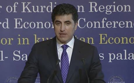 Kurdish PM Nechirvan Barzani speaking at a conference in Erbil.