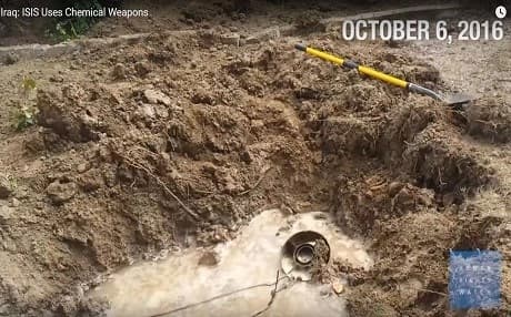 An ISIS-launched projectile containing toxic chemicals landed in a family’s garden in Qayyara on September 21. Photo: Human Rights Watch video