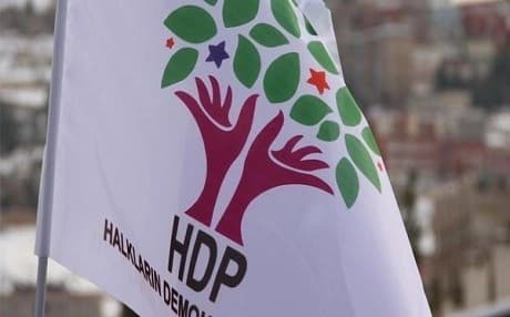 The flag of the pro-Kurdish Peoples’ Democratic Party. The Turkish government arrested a number of the party's lawmakers, including its co-leaders Selahattin Demirtaş, and Figen Yüksekdag in early November.