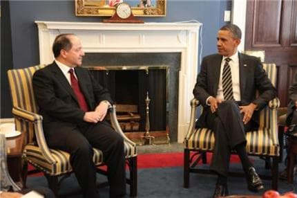 Kurdistan Region President Massoud Barzani meets US President Barack Obama during an April 2012 visit to Washington. Photo: krg.org