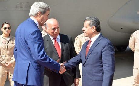 US Secretary of State John Kerry is greeted in Erbil by Falah Mustafa, head of the KRG’s Departhment of Foreign Relations. Photo: DFR