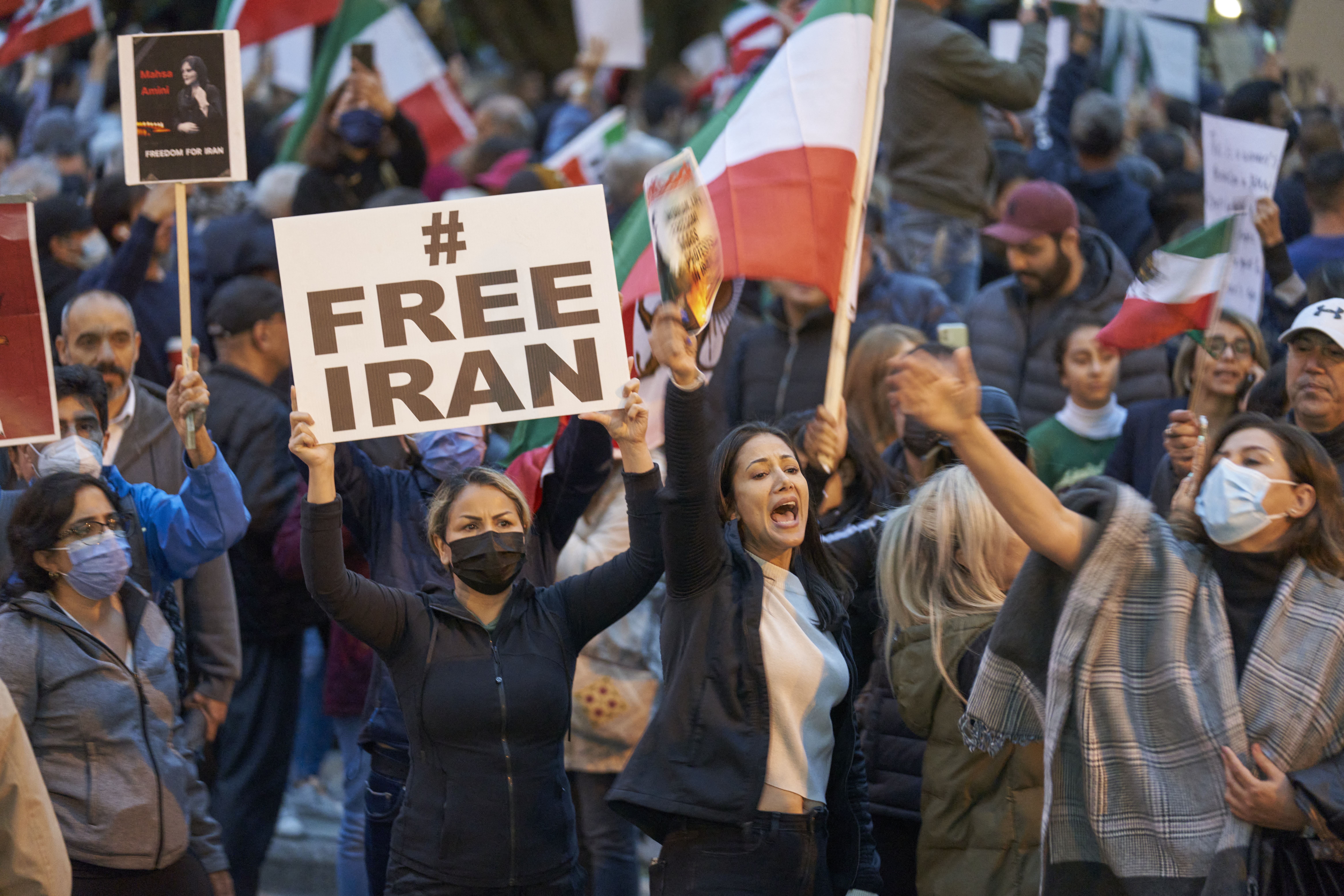 People demonstrate against the Iranian regime during a protest at Mel Lastman Square in Toronto, Ontario, September 24, 2022. Photo: Geoff Robin/AFP