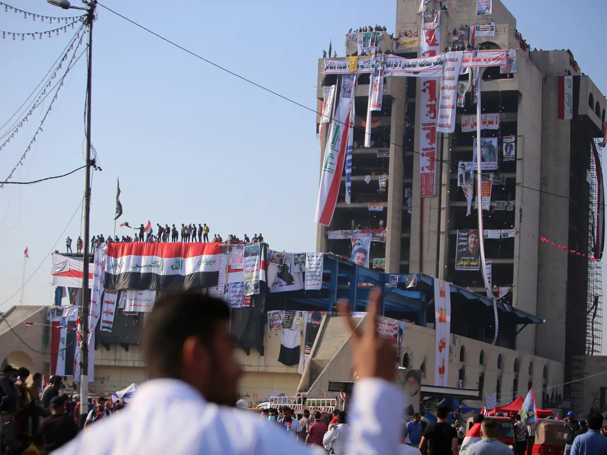 Tishreen protesters gathered on top of Baghdad’s Turkish Restaurant. Photo: AFP