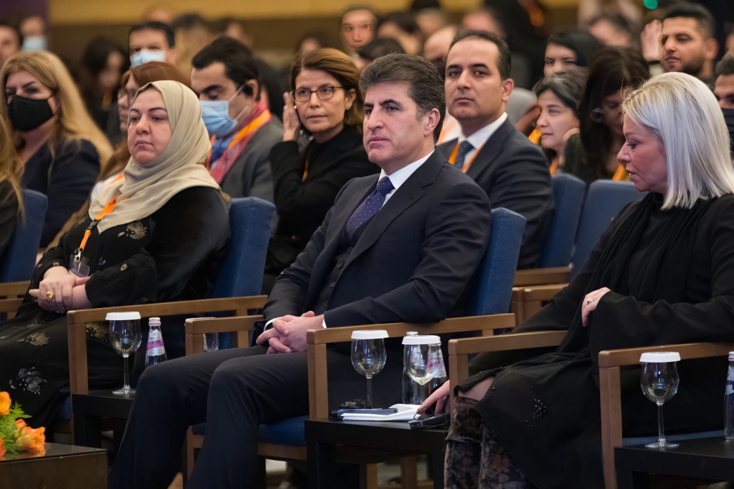 UNAMI Chief Jeanine Hennis-Plasschaert (left), Kurdistan Region President Nechirvan Barzani (center), and Kurdistan Parliament Speaker Rewaz Fayaq (right) at the University of Kurdistan-Hewler on November 28, 2021. Photo: Bilind T. Abdullah/Rudaw