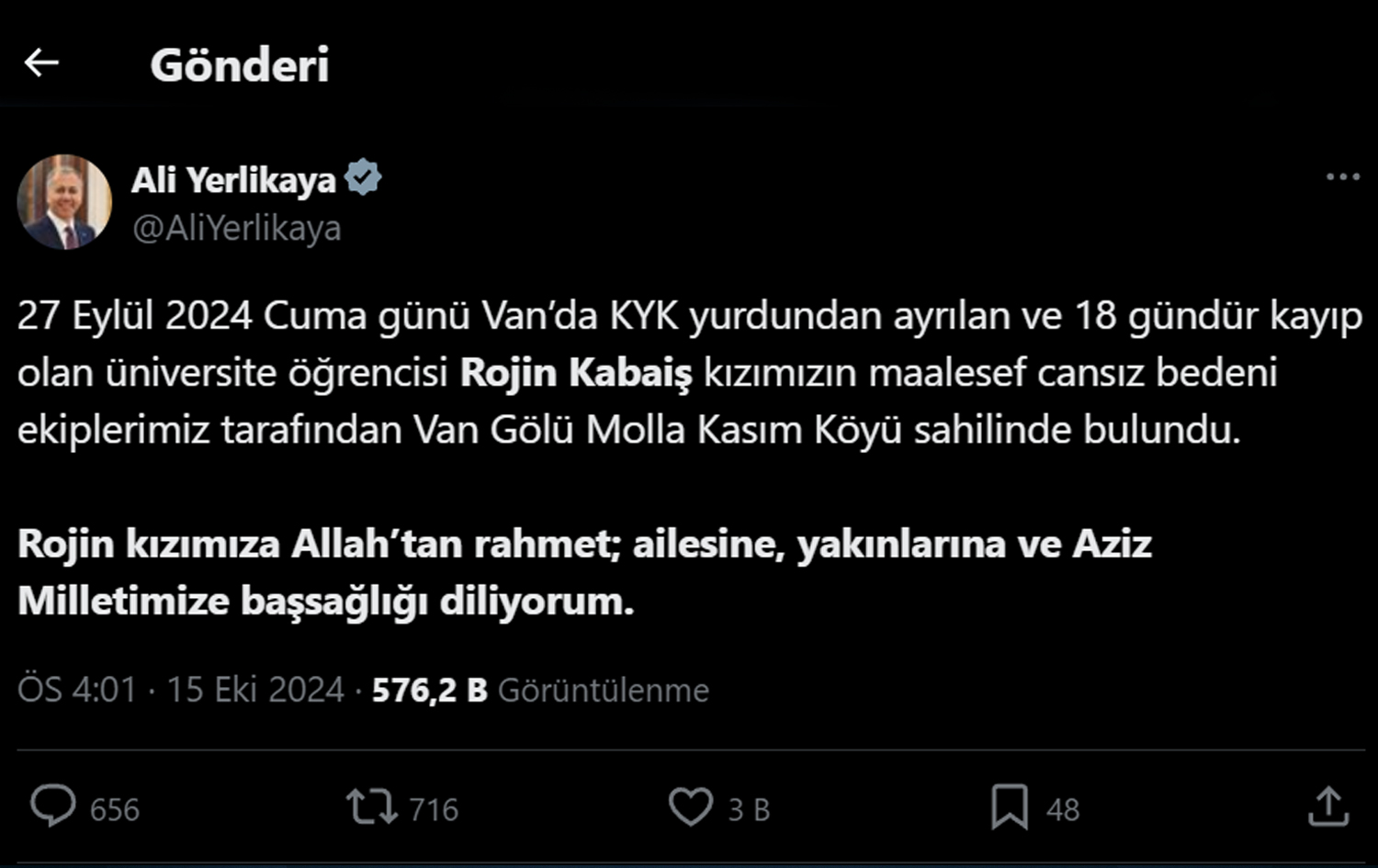 Foto: İçişleri Bakanı Ali Yerli Kaya X hesabından açıkalam yaptı