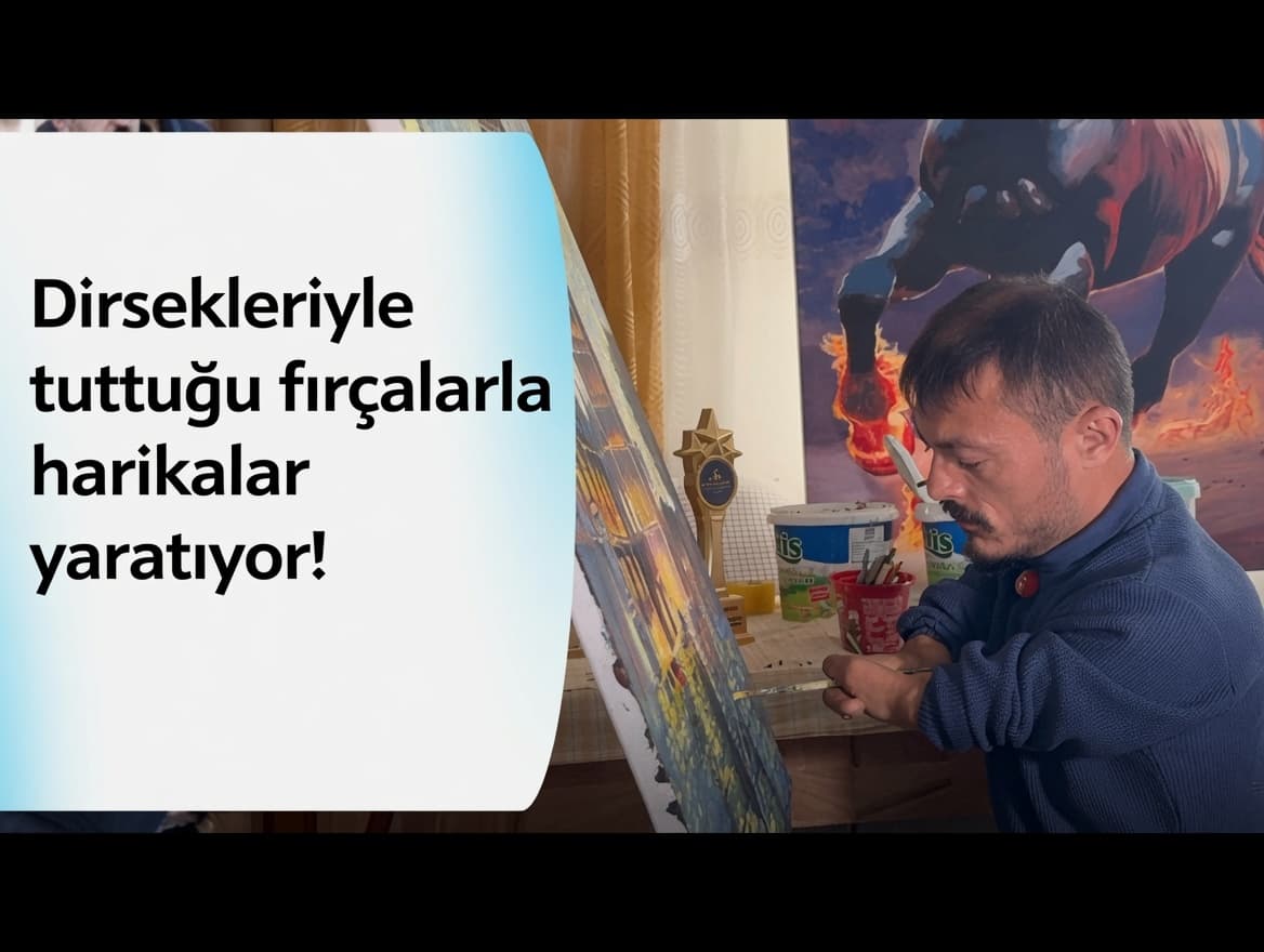 Vedat Kiyat, dirsekleriyle tuttuğu fırçalarla harikalar yaratıyor!