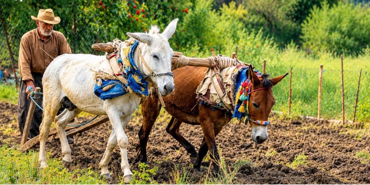 شارباژێڕ؛ جووتیارێک بە گاسن و ئاژەڵ زەوییەکانی دەکێڵێت