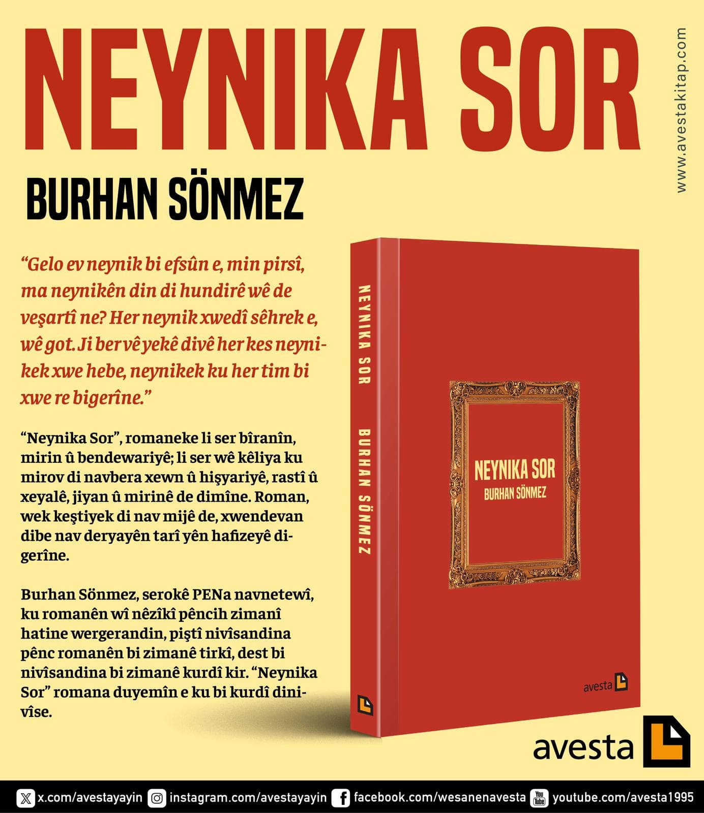 Weşanên Avestayê romana nû ya Burhan Sonmez ‘Neynika Sor’ çap kir