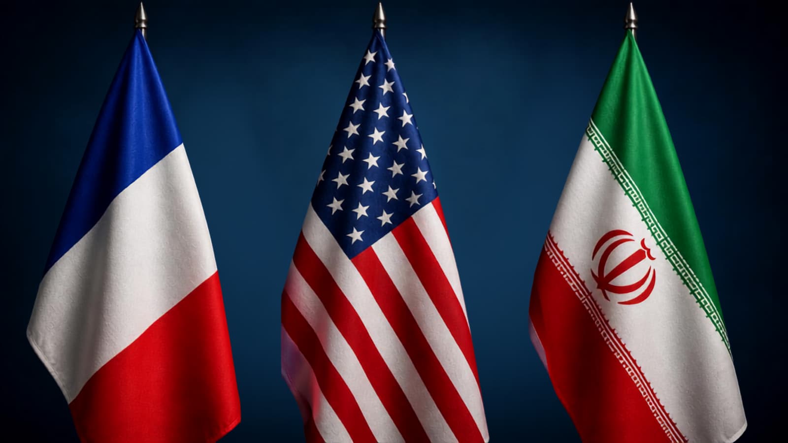 From left: flags of France, US and Iran. Graphic: AI-generated