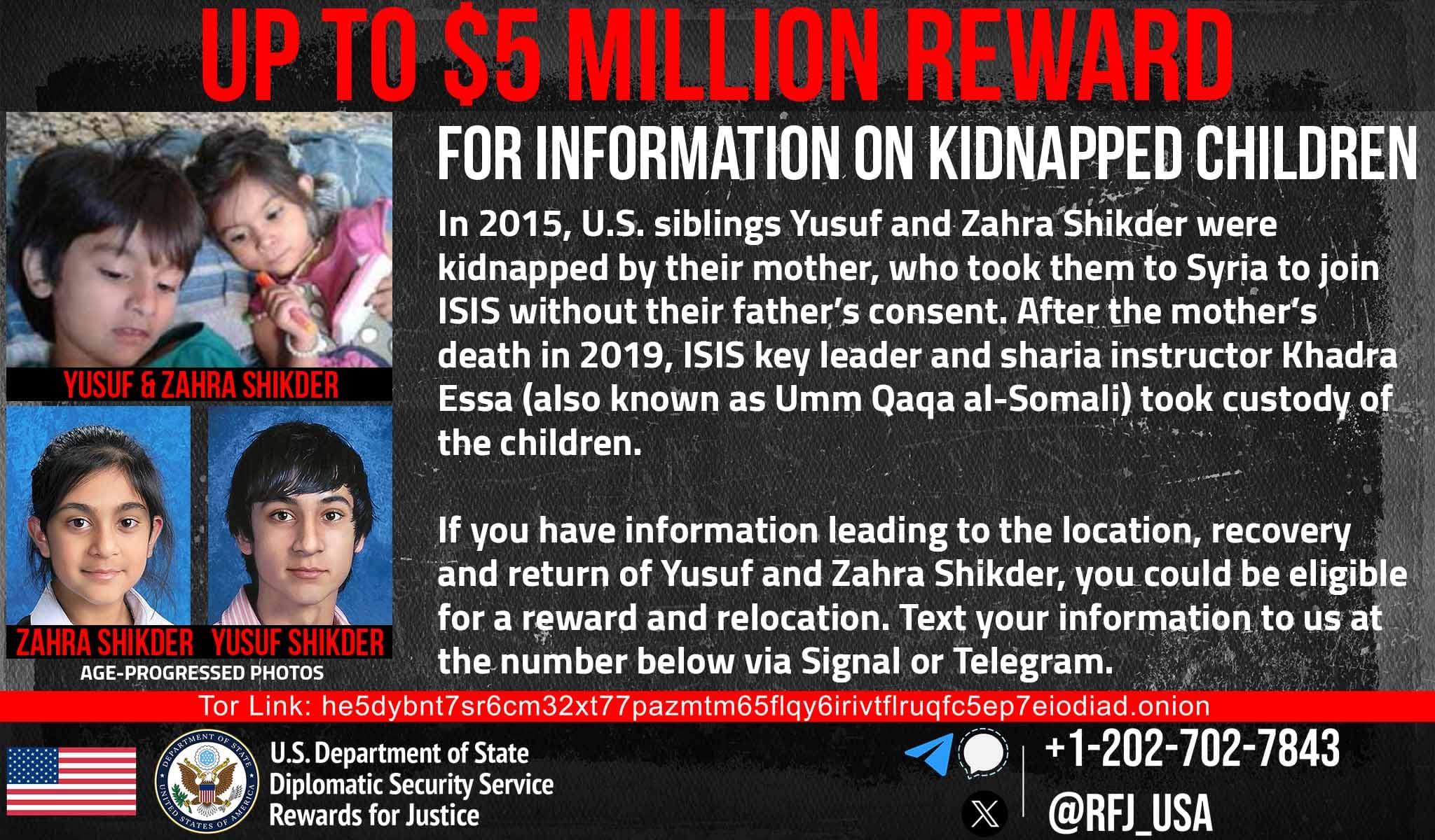 ئەمریکا 5 ملیۆن دۆلار بۆ دۆزینەوەی دوو منداڵی وڵاتەکەی لە سووریا تەرخانکرد