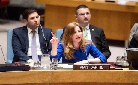 Kurdish Yezidi MP Vian Dakhil addressing the United Nations, March 2015. Photo courtesy of Vian Dakhil