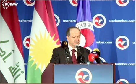 Kurdish President Massoud Barzani speaking at the US Chamber of Commerce. 