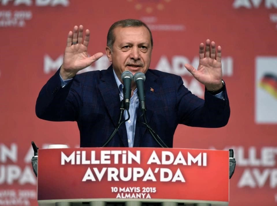 Erdogan speaks to supporters in Karlsruhe. AP photo.
