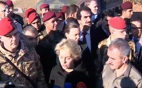 German Defense Minister Ursula von der Leyen with Kurdistan Region Peshmerga Minister Mustafa Sayid Qadir at a Peshmerga training camp outside Erbil.