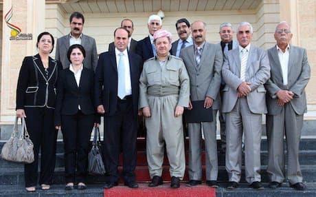 Leaders of Syrian Kurdish parties pose for a photo with Kurdistan Region President Massoud Barzani after they signing the Erbil Agreement, July 2012. Photo: krp.org