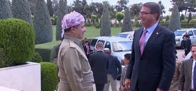Kurdish President Masoud Barzani and US defense chief Carter in Erbil. Rudaw Photo