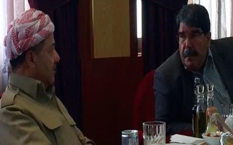Kurdistan Region President Masoud Barzani (L) with PYD leader Salih Muslim in Erbil. Photo: Brett McGurk/Twitter