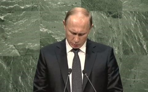  Vladimir Putin while gives his speech at the UN general assembly in New York. Photo: The Guardian. 