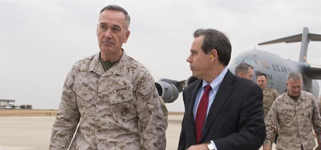 U.S. Ambassador to Iraq Stuart E. Jones greets U.S. Marine Corps Gen. Joseph F. Dunford Jr., chairman of the Joint Chiefs of Staff, upon his arrival in Irbil, Iraq, Oct. 20, 2015. DoD photo by D. Myles Cullen