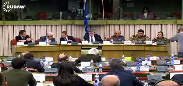 Peshmerga leaders address the European parliament Wednesday. Still from Rudaw video. 