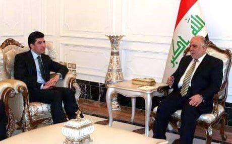Prime Minister Nechirvan Barzani (left) with Iraqi counterpart Haidar Abadi.