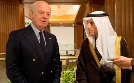 Saudi Foreign Minister Adel Al-Jubeir and UN special envoy for Syria Staffan de Mistura speak to reporters in Riyadh on Tuesday. Photo: SPA.