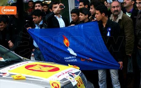 Supporters of the Change Movement (Gorran) wave their party's banner in their election campaign.
