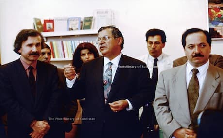 Kendal Nezan (L) with Massoud Barzani and Jalal Talabani in Institut kurde de Paris. France 1993. Photolibrary of Kurdistan 