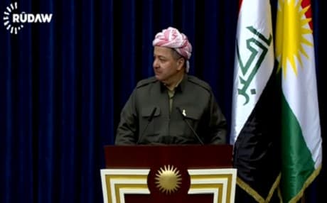 Kurdish President Masoud Barzani at a joint press conference in Erbil with British Foreign Secretary Philip Hammond, March, 17, 2016 . Photo: Rudaw 