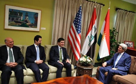 Kurdish delegation led by PM Barzani meeting with US Secretary of State John Kerry in Baghdad.