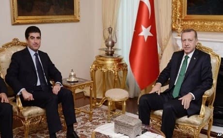 Prime Minister of the Kurdistan Regional Government, Nechirvan Barzani (L) with Turkish President Recep Tayyip Erdogan. Photo: AP  