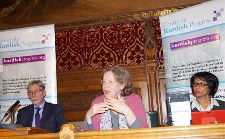 George Howarth MP (left), Janet Biehl (middle), and Rahila Gupta