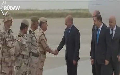 Hungarian Defence Minister Istvan Simicsko is greeted at Erbil International Airport by Erbil’s governor and Peshmerga officials.