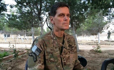 US Army Gen. Joseph Votel speaks with reporters in northern Syria on Saturday. Photo: Robert Burns/AP