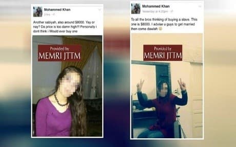 Facebook profile of a German ISIS fighter appears to offer Yazidi sex slaves for $8,000. Photo: MEMRI JTTM 