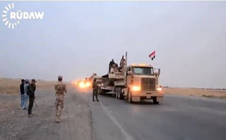 The Iraqi army moves an armoured brigade to the Makhmour front near Mosul in this image taken from a Rudaw video.