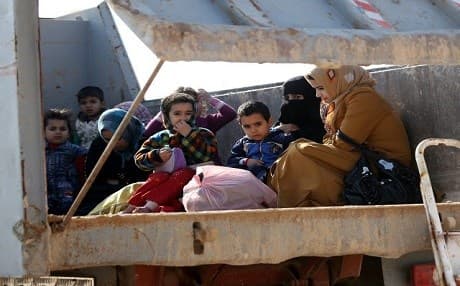 Women and children who fled Fallujah sit in the back of a truck. Photo: Ahmad al-Rubaye/AFP