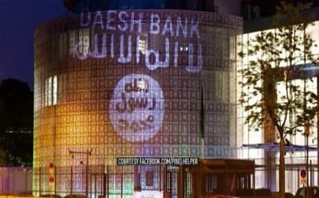 A Germany-based arts activist group, PixelHELPER, has projected the words ‘Daesh bank’ on the Saudi embassy in Berlin. Photo: Facebook