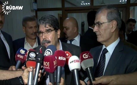 The co-leader of the pro-Kurdish Democratic Unity Party (PYD), Salih Muslim and Kirkuk Governor, Najmadin Karim in Kirkuk on Sunday.  
