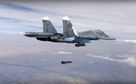 Russian Su-34 drops bombs over Syria. AP file photo. 
