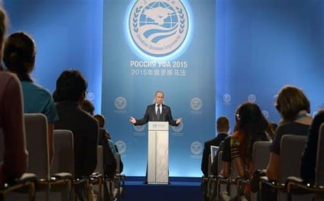 Russian President Vladimir Putin speaks at a press conference after the Shanghai Cooperation Organization in 2015. AFP photo.  