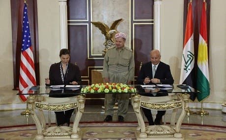 Acting Minister of Peshmerga Affairs Karim Sinjari and US acting Assistant Secretary of Defense Elissa Slotkin signed a Memorandum of Understanding in Erbil on Tuesday. Photo: Courtesy of Kurdistan Regional Presidency