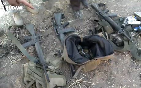 ISIS weapons captured by Peshmerga after attack. Rudaw screenshot.