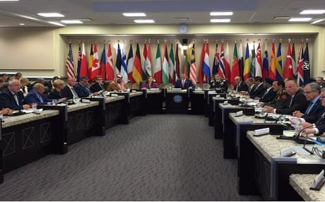 Carter welcomes Ministers of Defense from all 60 nations working as part of counter ISIL coalition. photo DoD twitter