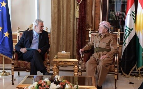 Europe’s Commissioner for Humanitarian Aid and Crisis Management Christos Stylianides with Kurdistan Region President Masoud Barzani on Wednesday. Photo: Courtesy of the Kurdistan Region Presidency