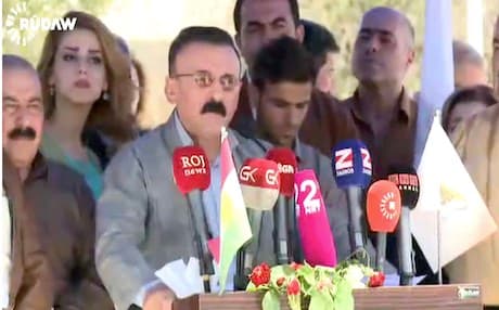 Mahmoud Sangawi speaking in Halabja. Photo: Rudaw screenshot 
